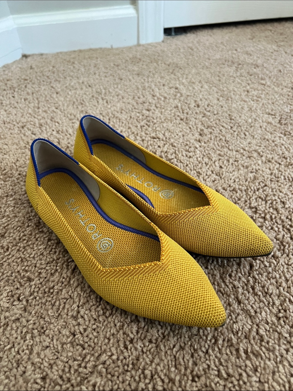 Rothy Pointed-Toe Knit Flats in Yellow with Navy Trim